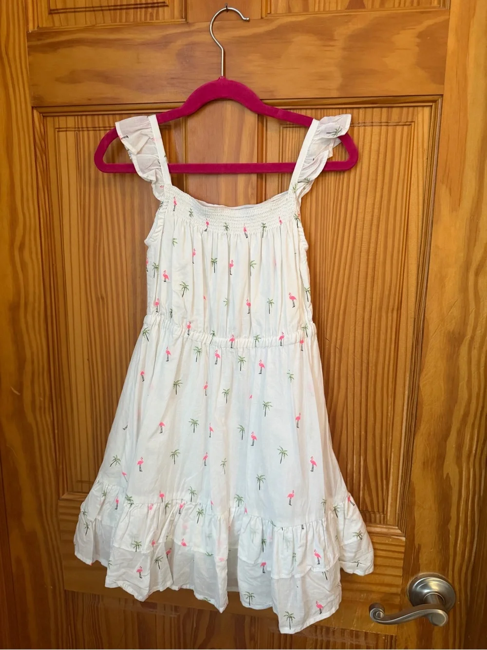 Janie and Jack White Dress with Pink Flamingo and Green Palm Print